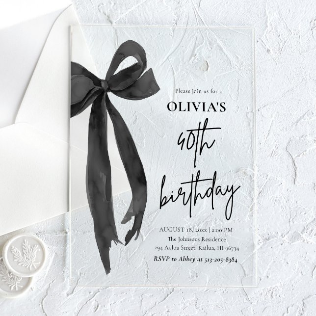 Invitaciones Acrílicas Elegante acuarela Black Bow 40 cumpleaños Fiesta (Subido por el creador)