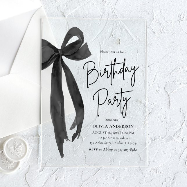 Invitaciones Acrílicas Elegante acuarela Black Bow Birday Party (Subido por el creador)