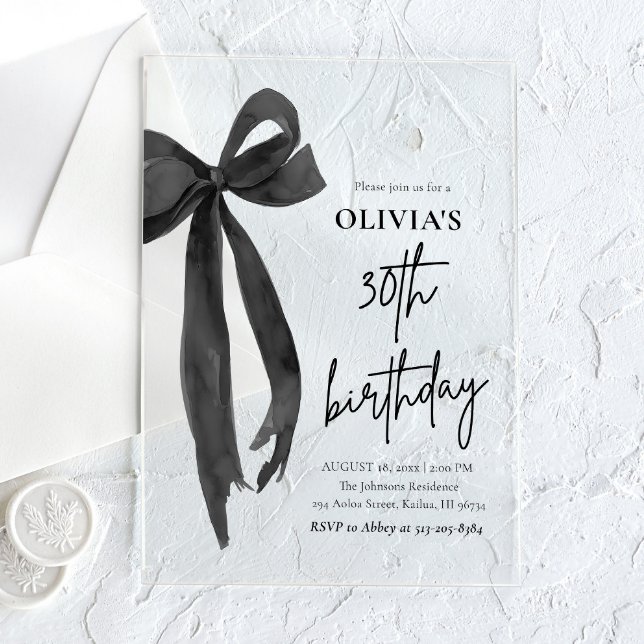 Invitaciones Acrílicas Elegante acuarela Black Bow Fiesta 30 cumpleaños (Subido por el creador)