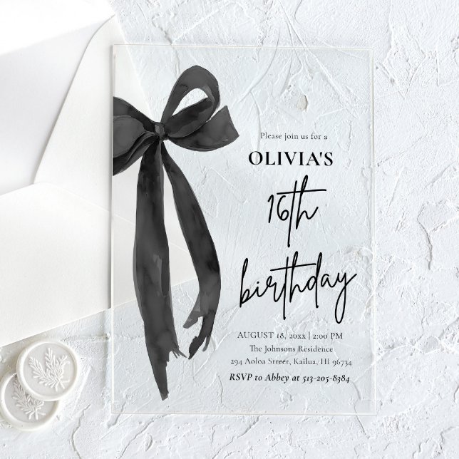 Invitaciones Acrílicas Elegante acuarela Black Bow Fiesta de cumpleaños 1 (Subido por el creador)