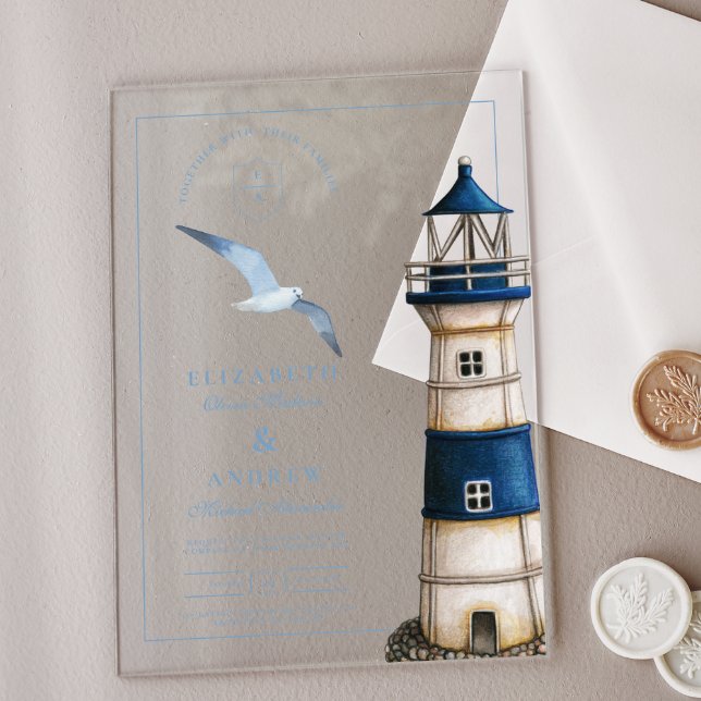 Invitaciones Acrílicas Elegante acuarela Boda de faro náutico (Subido por el creador)