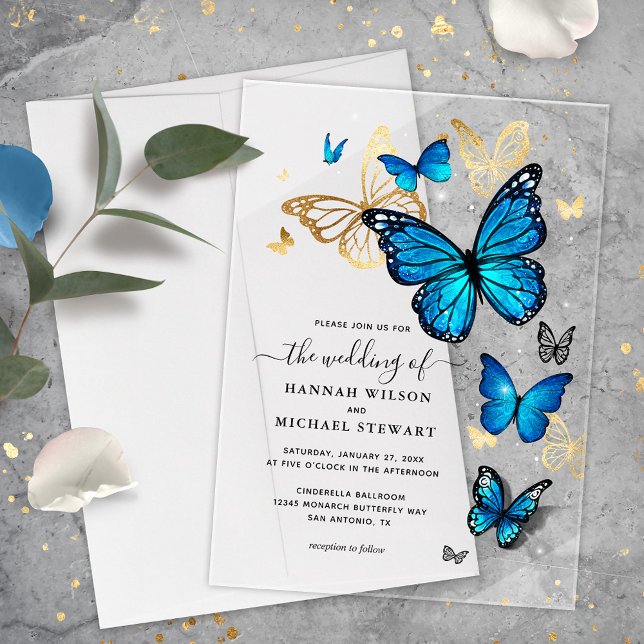 Invitaciones Acrílicas Elegante acuarela Boda de oro y mariposa azul (Elegant blue and gold butterfly acrylic wedding invitations for your once upon a time fairy tale.)
