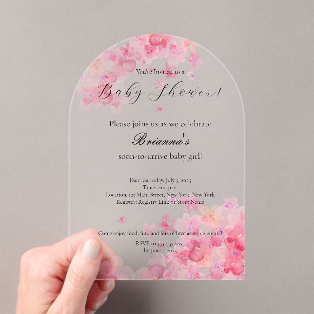 Invitaciones Acrílicas Elegante acuarela Chica floral rosa Baby Shower (Insitu (portátil))