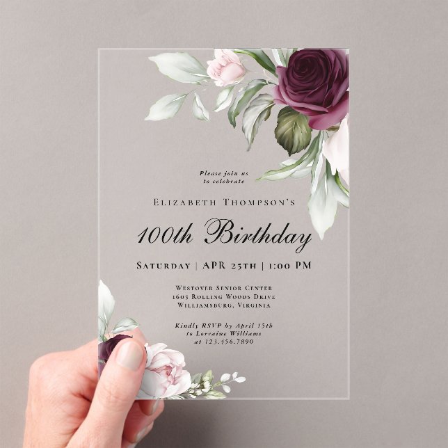 Invitaciones Acrílicas Elegante acuarela Floral 100 cumpleaños (Insitu (portátil))