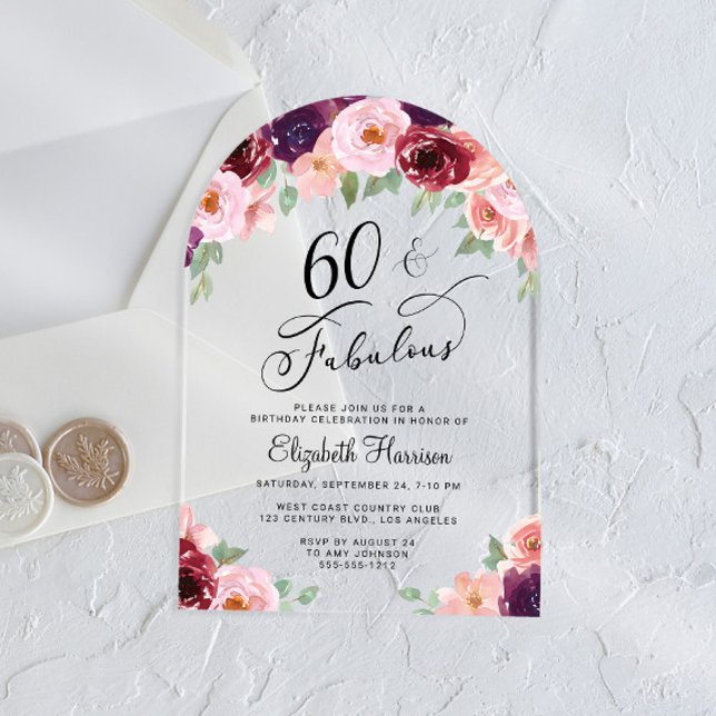 Invitaciones Acrílicas Elegante acuarela floral 60º arco de fiesta de cum (Subido por el creador)