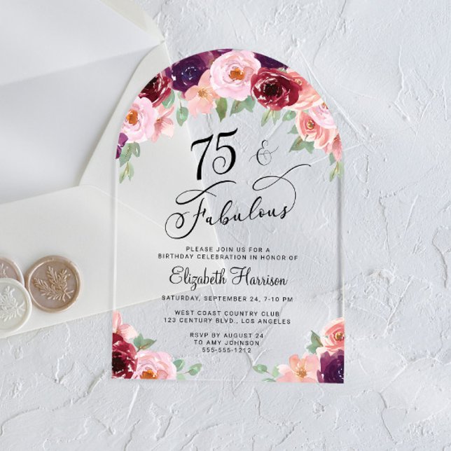 Invitaciones Acrílicas Elegante acuarela floral 75º arco de fiesta de cum (Subido por el creador)