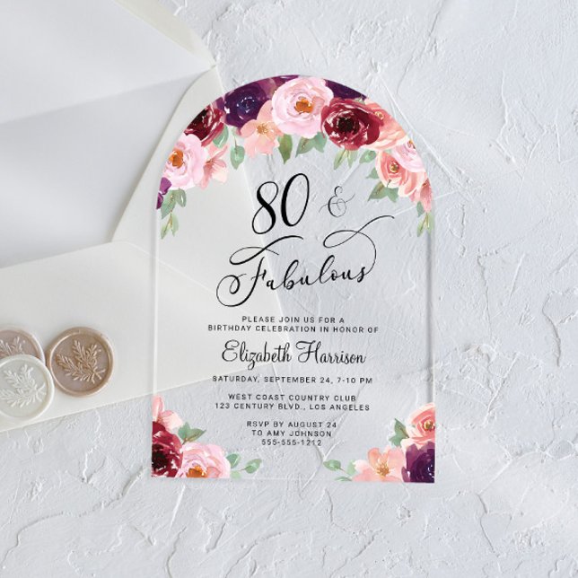 Invitaciones Acrílicas Elegante acuarela floral 80º arco de fiesta de cum (Subido por el creador)