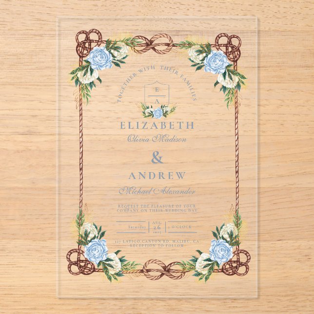 Invitaciones Acrílicas Elegante acuarela Floral Boda Náutico (Anverso)