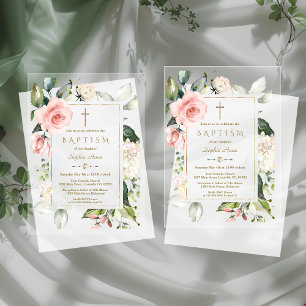 Invitaciones Acrílicas Elegante acuarela Flores de Crema Rosa Bautismo