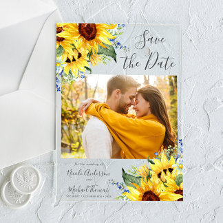 Invitaciones Acrílicas Elegante acuarela girasoles foto Guardar fecha