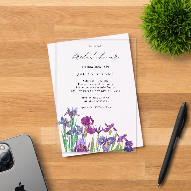 Invitaciones Acrílicas Elegante acuarela Iris flor ducha de novia (Insitu (Tarjeta de Invitación))