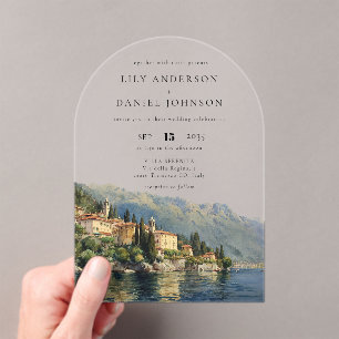 Invitaciones Acrílicas Elegante acuarela Lago Como Arco Boda Italiano