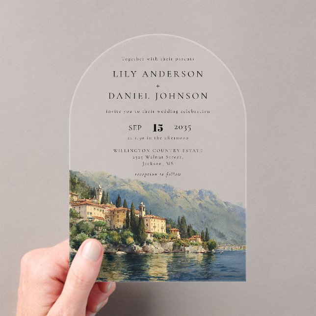 Invitaciones Acrílicas Elegante acuarela Lago Como Arco Boda Italiano (Insitu (portátil))