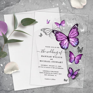 Invitaciones Acrílicas Elegante acuarela Plata Boda de mariposa púrpura