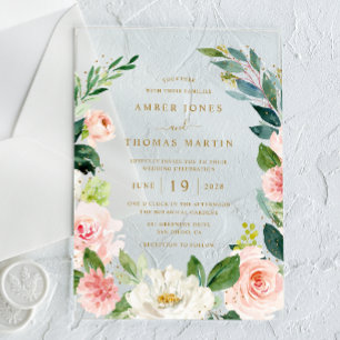 Invitaciones Acrílicas Elegante acuarela rosa dorado floral boda