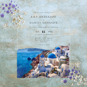 Invitaciones Acrílicas Elegante acuarela Santorini Arco Boda Grecia