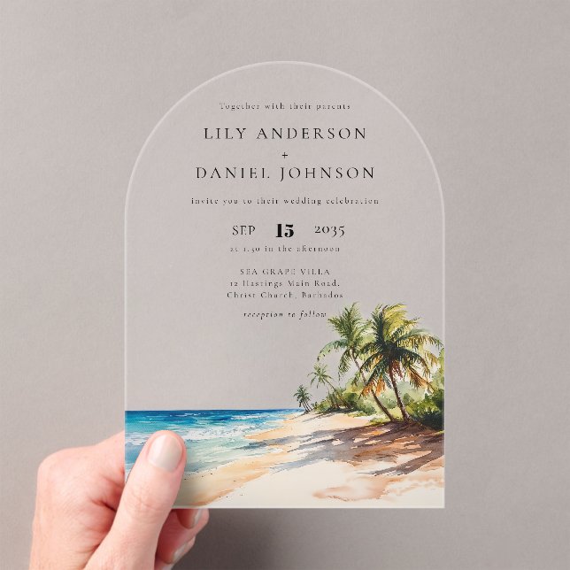Invitaciones Acrílicas Elegante acuarela Tropical Beach Wedding Arch (Insitu (portátil))