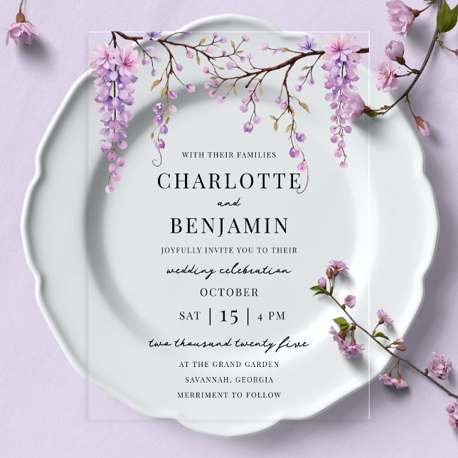 Invitaciones Acrílicas Elegante acuarela Wisteria Branch Garden Wedding (Subido por el creador)