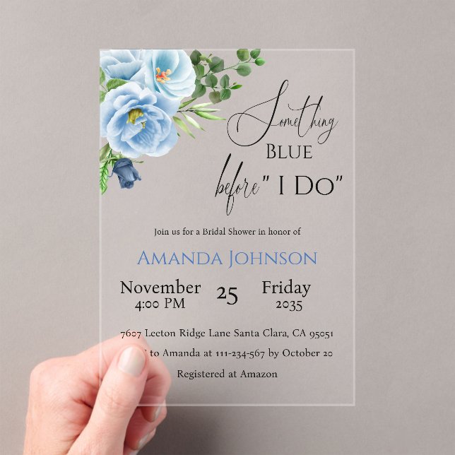 Invitaciones Acrílicas Elegante Algo Floral Azul Ducha Bridal (Insitu (portátil))