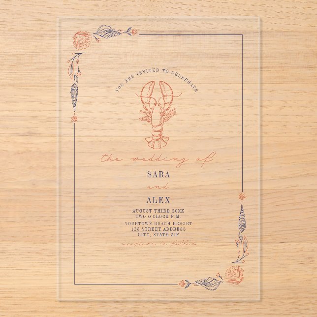 Invitaciones Acrílicas Elegante Alojador Rústico De Bodas Rojas Y Azules  (Anverso)