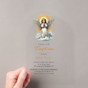 Invitaciones Acrílicas Elegante Ángel Blanco Religioso Bautismo Cristiano