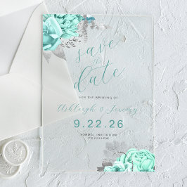 Invitaciones Acrílicas Elegante Aqua Floral Plata Guardar la Fecha