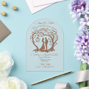 Invitaciones Acrílicas Elegante árbol de parejas de bodas enmarcado marró