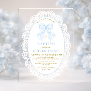 Invitaciones Acrílicas Elegante Arco Azul y Cruz Bautizo Niño