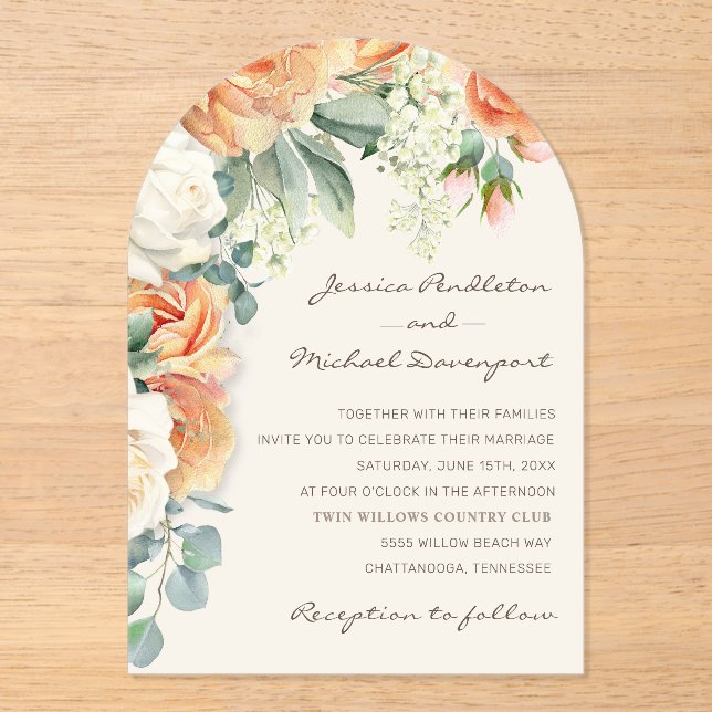Invitaciones Acrílicas Elegante arco Boda de Eucaliptos Florales Blancos (Anverso)