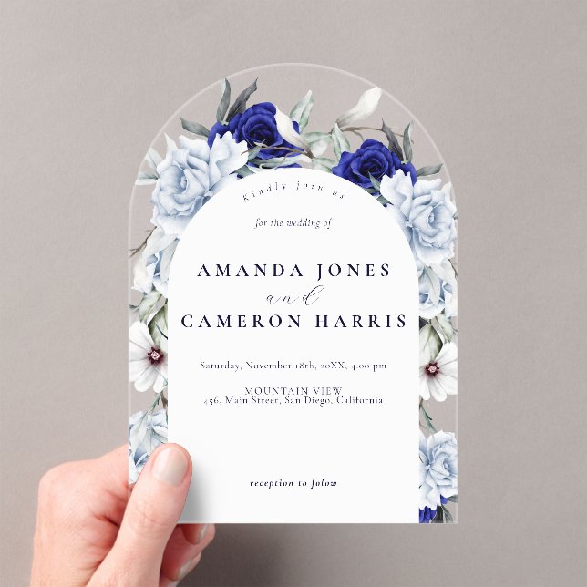 Invitaciones Acrílicas Elegante arco Boda floral de la Marina Azul (Insitu (portátil))