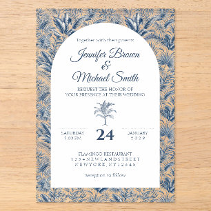 Invitaciones Acrílicas Elegante arco botánico de boda con palmera azul