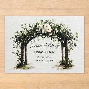 Invitaciones Acrílicas Elegante Arco de Boda con Acuarela y Flores Blanca