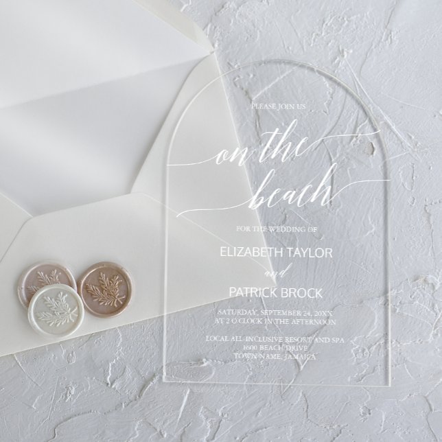 Invitaciones Acrílicas Elegante Arco de caligrafía Boho Blanco Boho Beach (Elegant Calligraphy Arch White Boho Beach Wedding Acrylic Invitations)