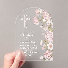 Invitaciones Acrílicas Elegante Arco de Flores Rosadas Bautizo