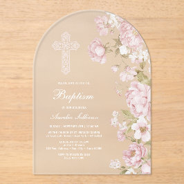 Invitaciones Acrílicas Elegante Arco de Flores Rosadas Bautizo