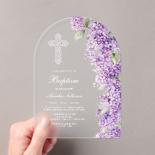 Invitaciones Acrílicas Elegante Arco de Lila Bautizo