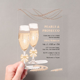 Invitaciones Acrílicas Elegante Arco de Oro Perlas y Prosecco Despedida d