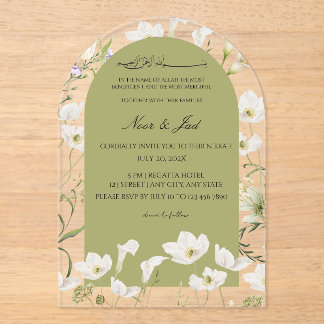 Invitaciones Acrílicas Elegante Arco Floral Blanco Acrílico Nikkah Islámi