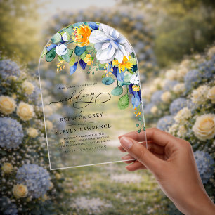 Invitaciones Acrílicas Elegante arco floral de boda amarillo blanco azul