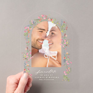 Invitaciones Acrílicas elegante arco floral foto guardar fecha de boda