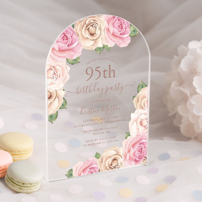 Invitaciones Acrílicas Elegante arco floral rosa 95ª fiesta de cumpleaños (Elegant pink rose acrylic arch 95th birthday party invitation for women)