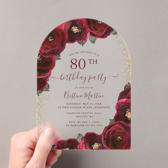 Invitaciones Acrílicas Elegante Arco Floral Rosa Roja 80 cumpleaños (Insitu (portátil))