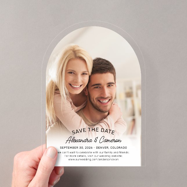 Invitaciones Acrílicas Elegante Arco Moderno de Letra Script Foto Guardar (Insitu (portátil))