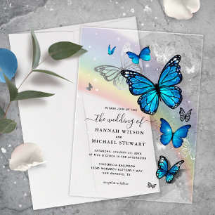 Invitaciones Acrílicas Elegante Arcoíris Bodas de Mariposas de Plata y Az