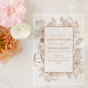 Invitaciones Acrílicas Elegante arte de línea floral naranja quemada para