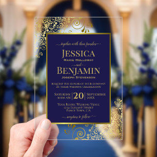 Invitaciones Acrílicas Elegante Azul Marino y Dorado Texto con Estilo par