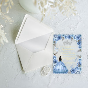 Invitaciones Acrílicas Elegante Azul Polvoriento Floral Mariposa Quinceañ
