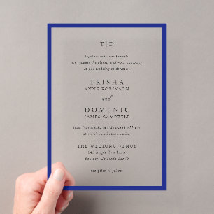 Invitaciones Acrílicas Elegante Azul Real Monograma Boda Moderna
