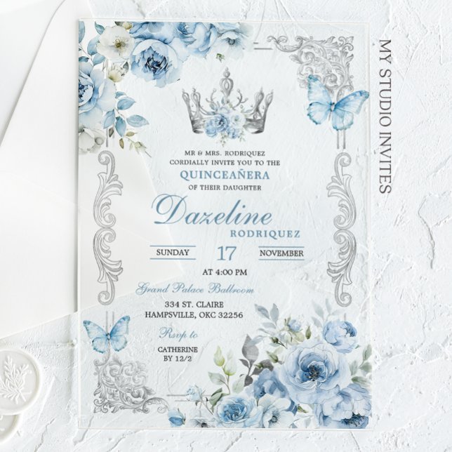 Invitaciones Acrílicas Elegante Baby Blue Crown Quinceanera (Subido por el creador)