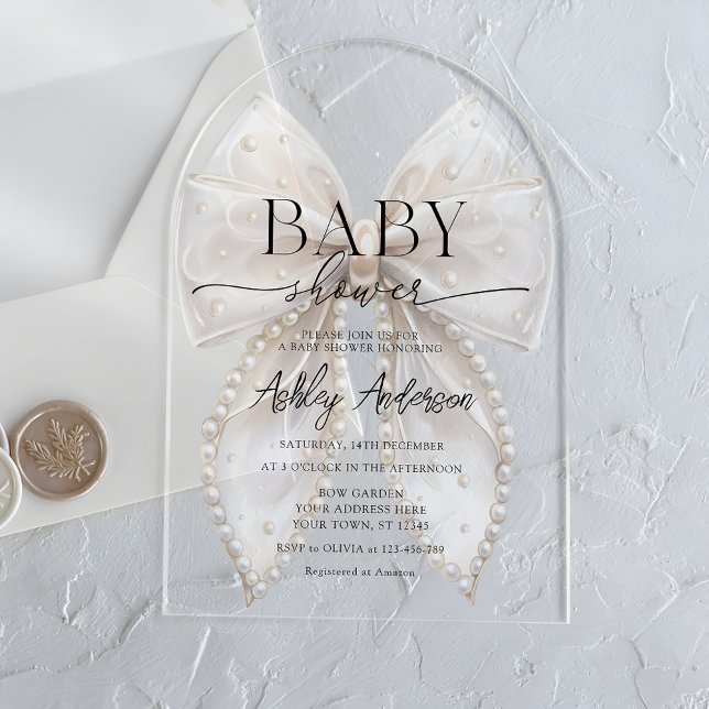 Invitaciones Acrílicas Elegante Baby Shower de Pearl Bow Blanco (Subido por el creador)